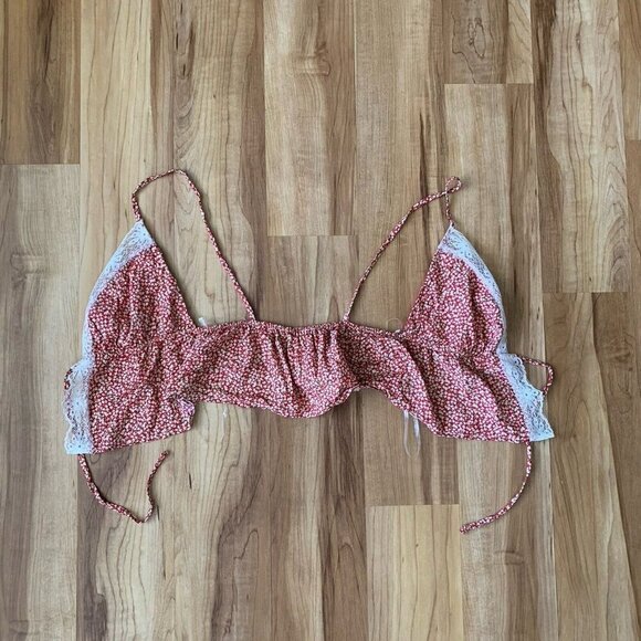 Windsor Cropped Halter Top Small Red Tan Front Tie Closure Lace Trim Rayon New - Picture 6 of 9